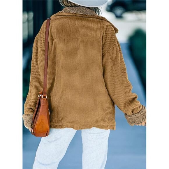 Women's Corduroy Sherpa Jacket Button Down Fleece Fur Collar Winter Coat - Picture 4 of 6